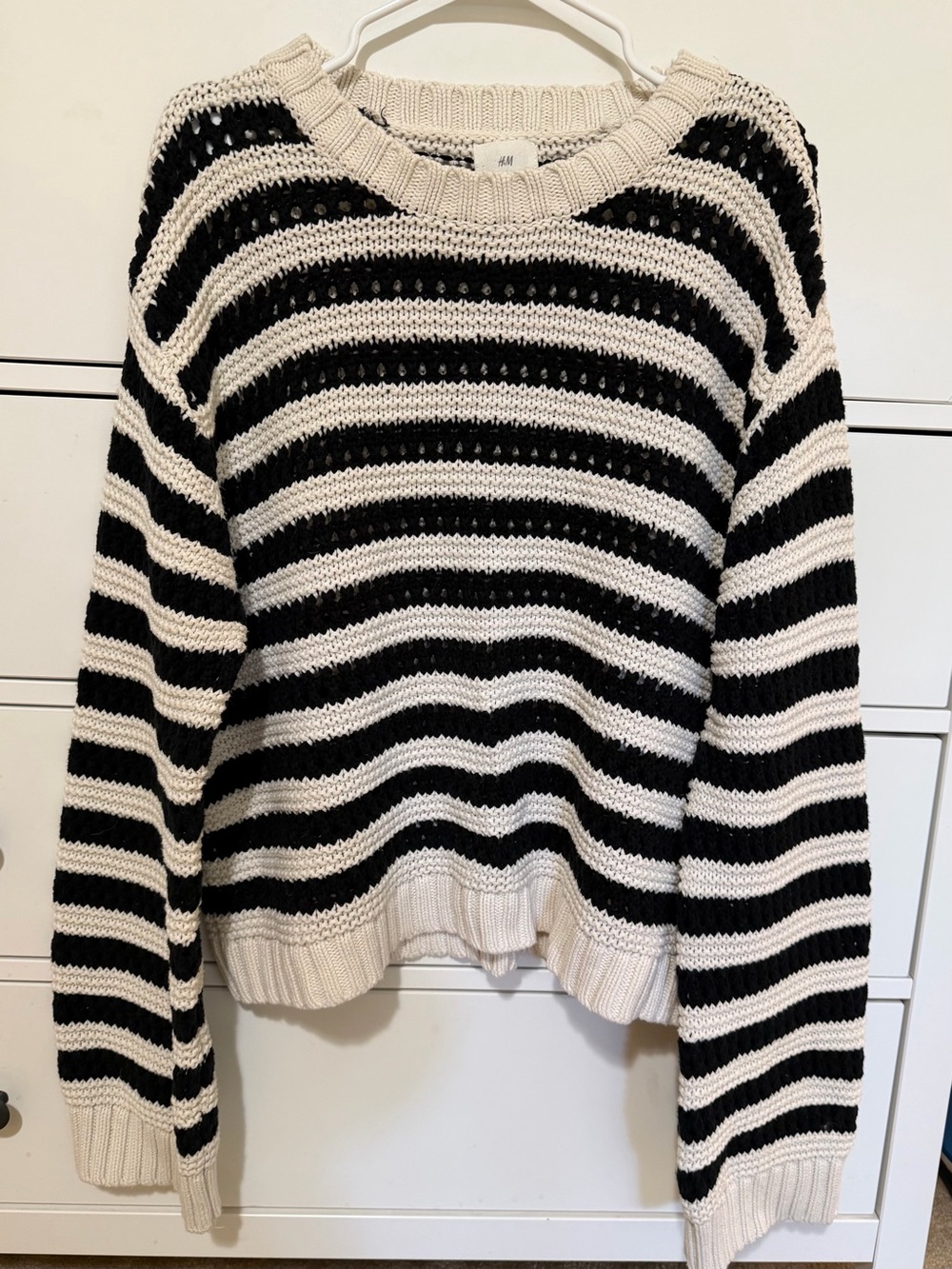 H&M Black and Cream Striped Chunky Crewneck Knit Sweater